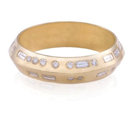 18k Yellow Gold Ring with White Diamonds reads "Forever Mine" in morse code.