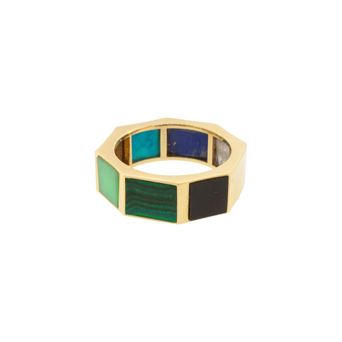 LUIS MORAIS 14K Yellow Gold Eternity Ring with Lapis, Onyx, Turquoise, Malachite, Chrysoprase, Tiger's Eye, and Labradorite