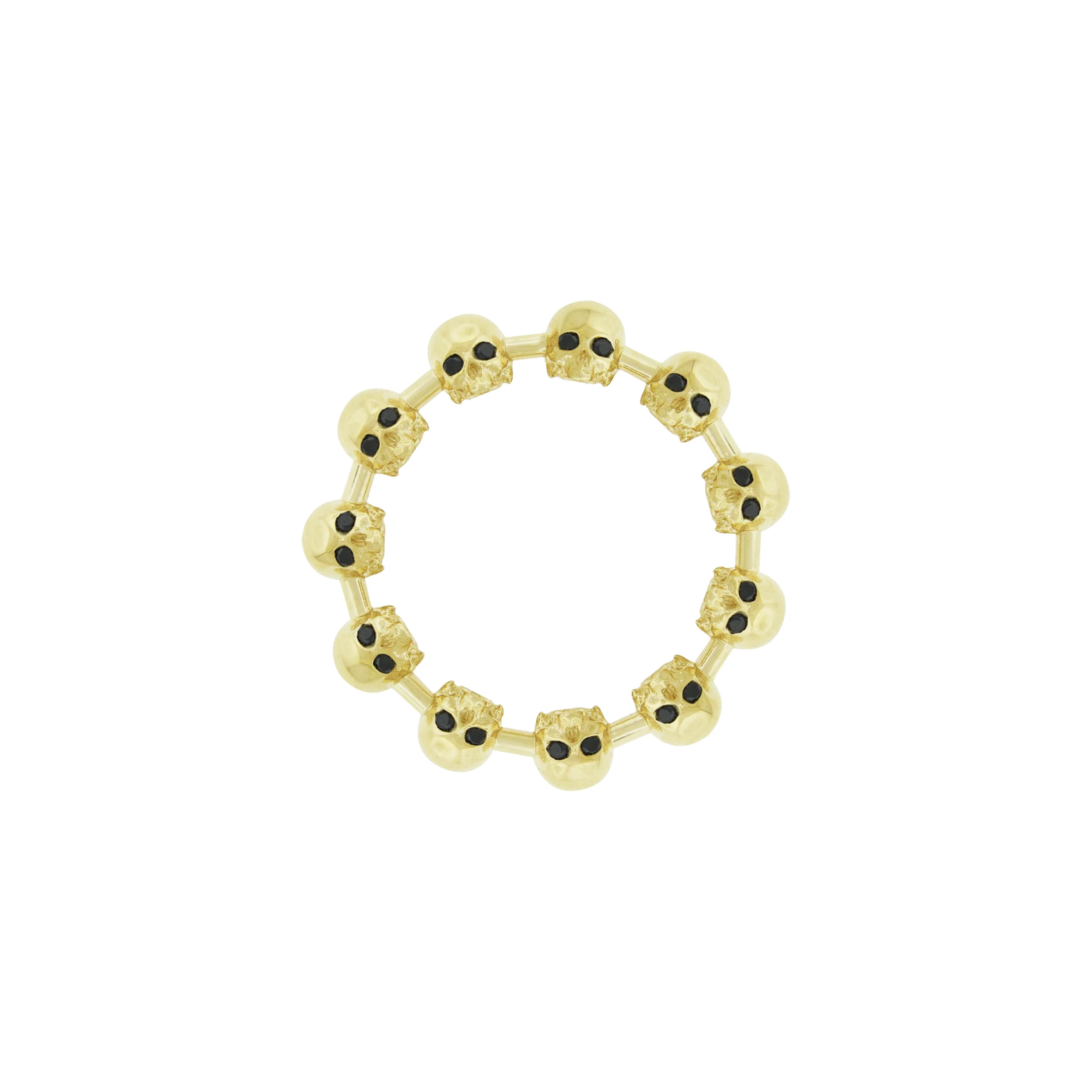 LUIS MORAIS 14k yellow gold half-skull ring features white diamonds at their crown and black diamond eyes. The skull is a powerful symbol, often representing the transient nature of life and the inevitability of mortality. It serves as a reminder of our mortality and the importance of living authentically.