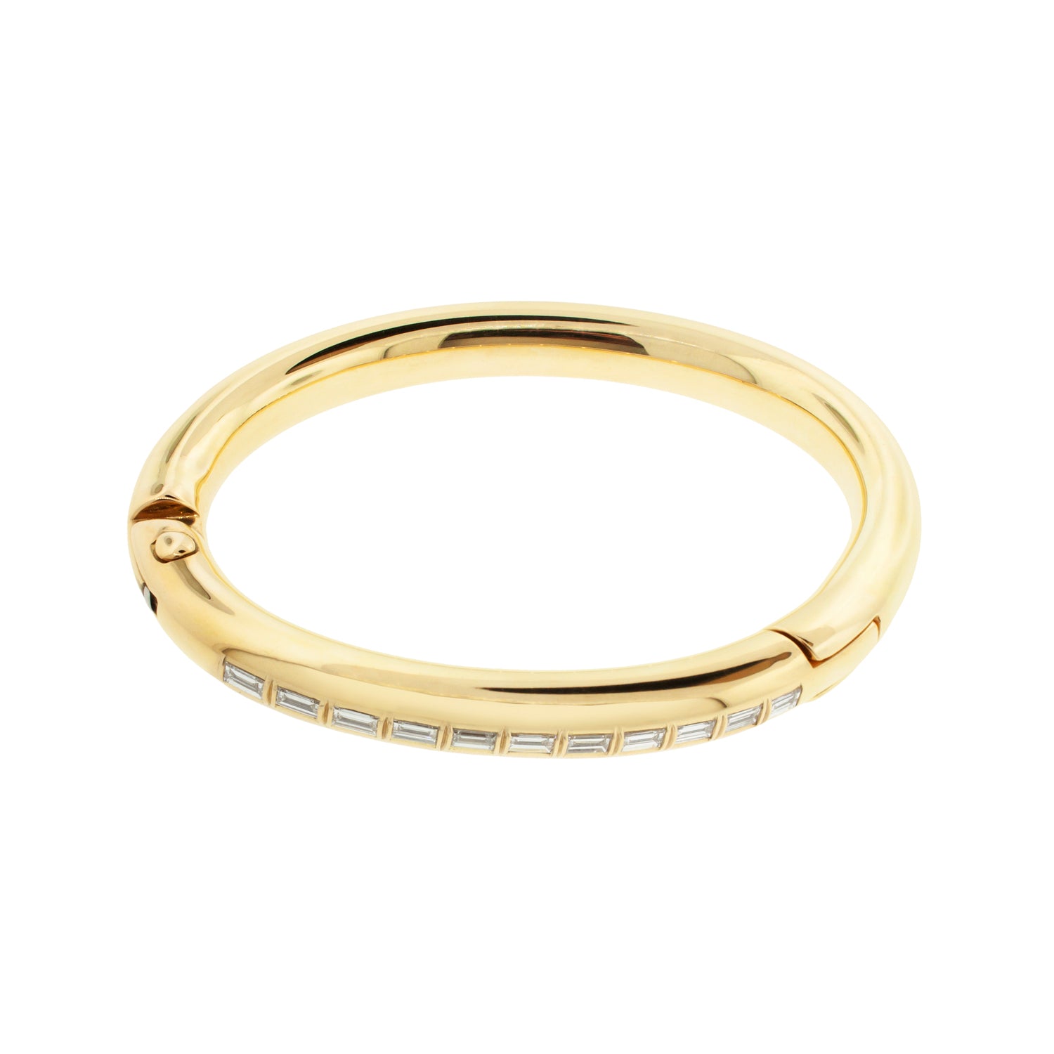 LUIS MORAIS 14K polished yellow gold Carabiner bangle bracelet with white diamond baguettes. Hinge closure.  Width: 8 mm