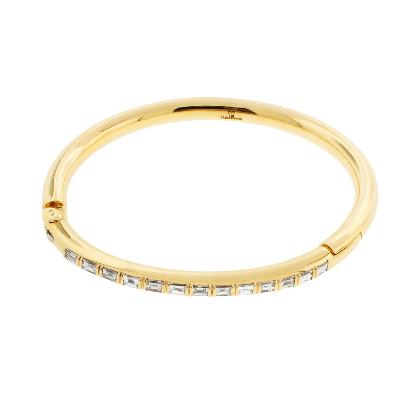 LUIS MORAIS 18K polished yellow gold Carabiner bangle bracelet with white diamond baguettes. Hinge closure.  Width: 5mm