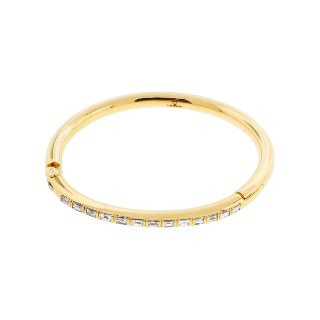 LUIS MORAIS 18K polished yellow gold Carabiner bangle bracelet with white diamond baguettes. Hinge closure.  Width: 5mm    