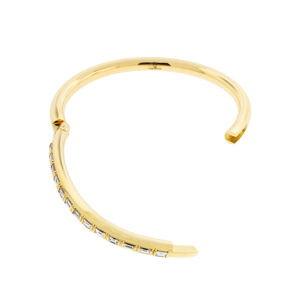 LUIS MORAIS 18K polished yellow gold Carabiner bangle bracelet with white diamond baguettes. Hinge closure.  Width: 5mm    
