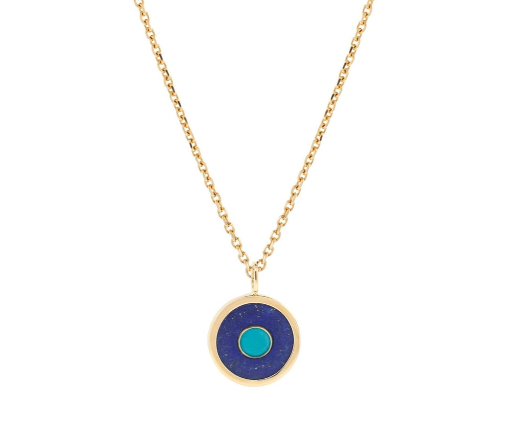 LUIS MORAIS 14K yellow gold eye pendant with a turquoise gemstone center and a Lapis gemstone backing.