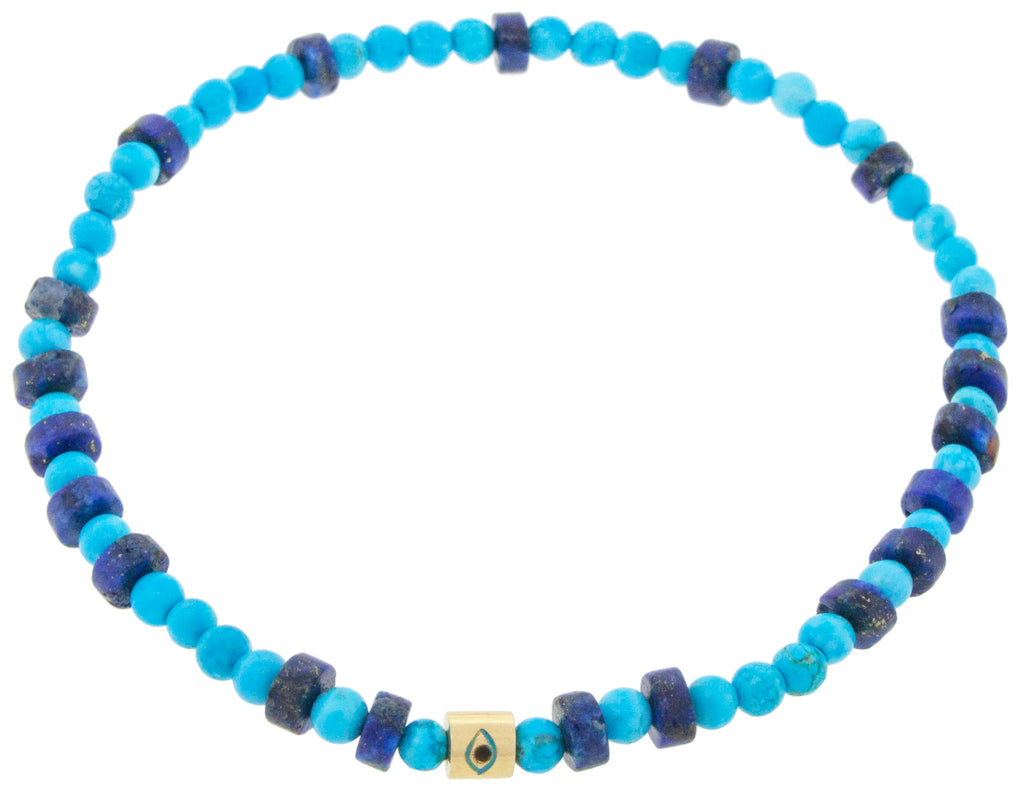 14K Yellow Gold Short Roll with Enameled Evil Eyes on a Turquoise and Lapis Beaded Bracelet