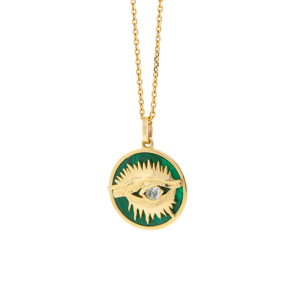 14K Yellow Gold Eye Medallion Pendant with a Malachite Backing and a White Diamond Center