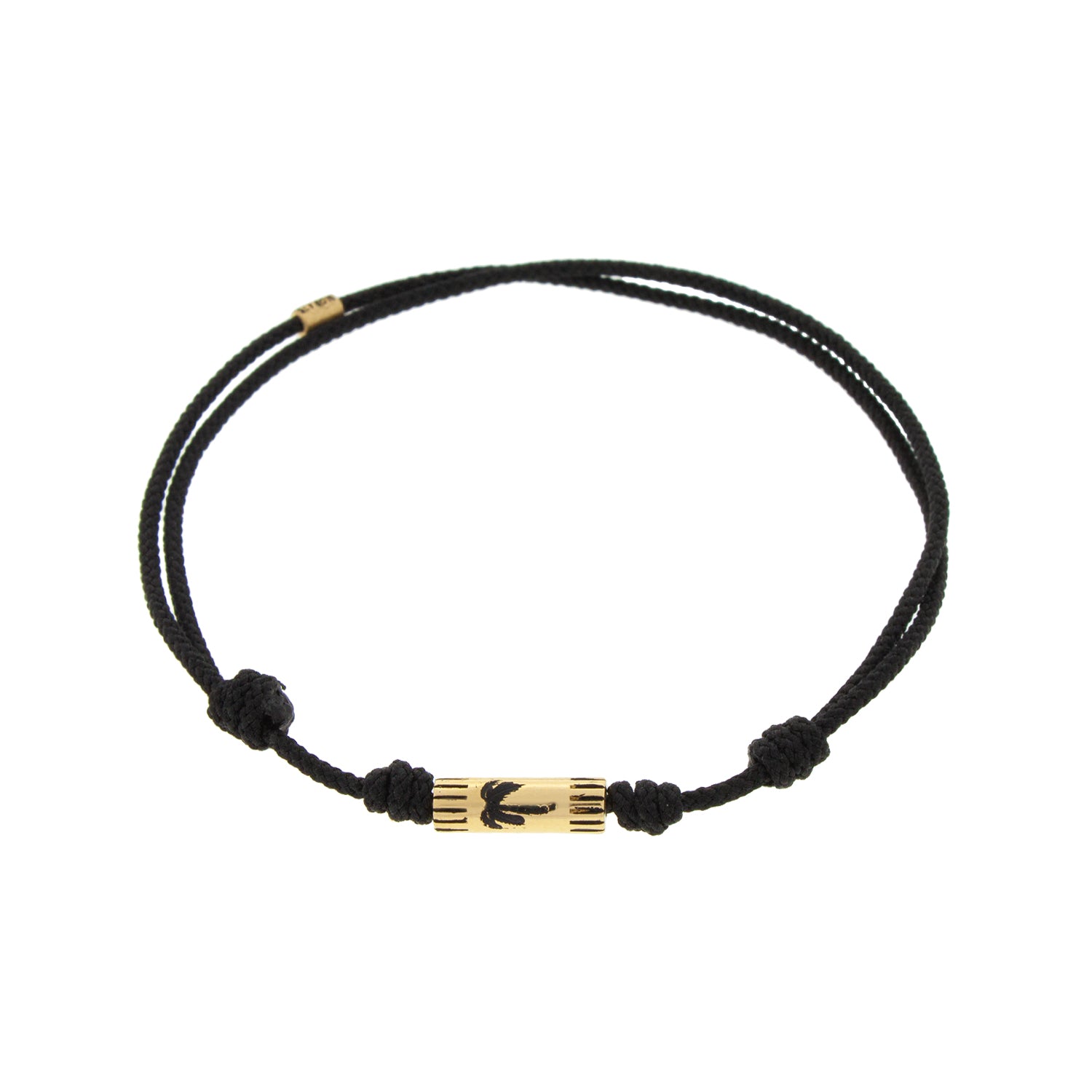 LUIS MORAIS 14K yellow gold slim tube with enameled black palm tree on a black cord bracelet