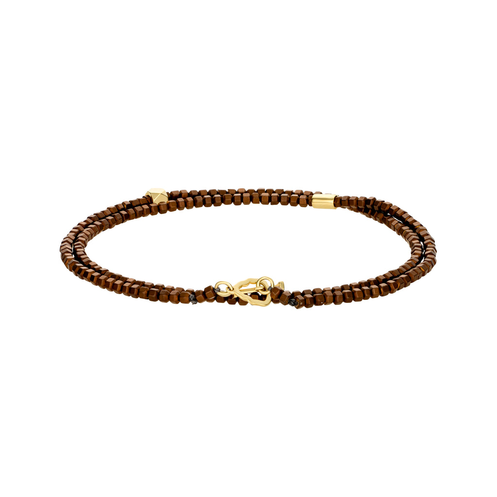 14k Yellow Gold Skull Outline Clasp With Tetra And Spacer On Double Wrap Hematite Beaded Bracelet