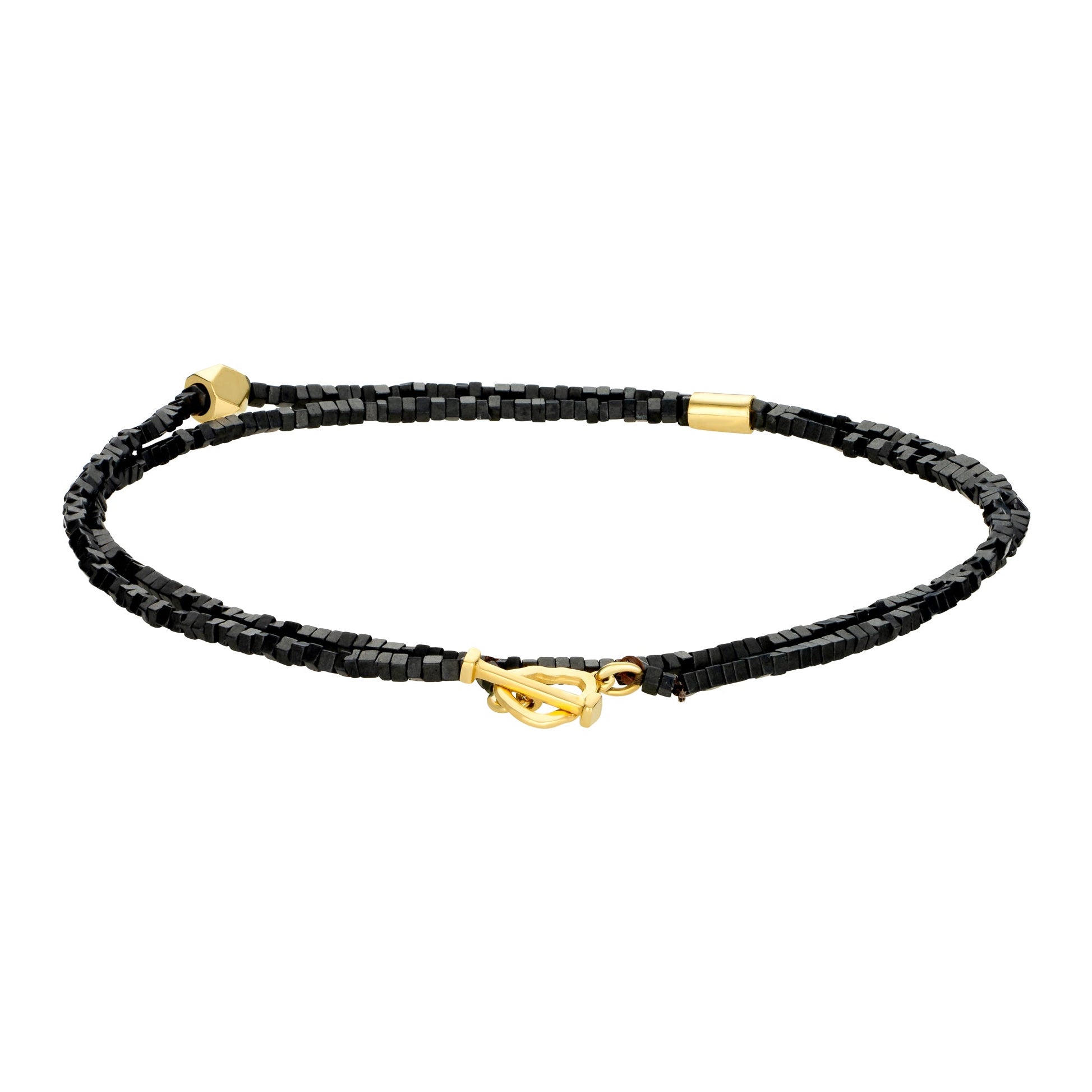 LUIS MORAIS 14k Yellow Gold Skull Outline Clasp With Tetra And Spacer On Double Wrap Hematite Beaded Bracelet