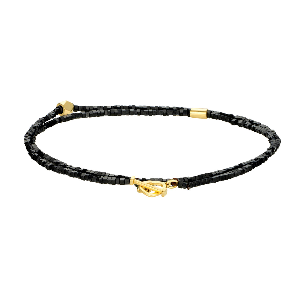 LUIS MORAIS 14k Yellow Gold Skull Outline Clasp With Tetra And Spacer On Double Wrap Hematite Beaded Bracelet