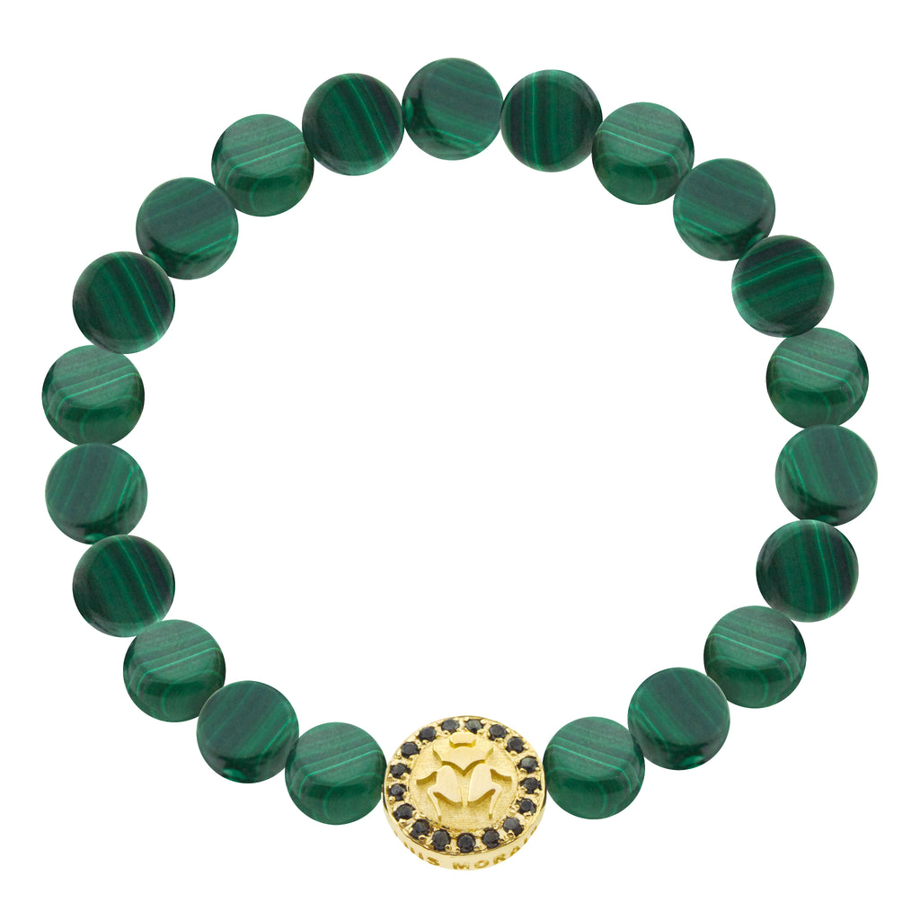 LUIS MORAIS 14K yellow gold large disk with a scarab symbol surrounded by black diamonds on medium malachite disks on a beaded bracelet. The symbol and diamonds are on both sides of the gold. 