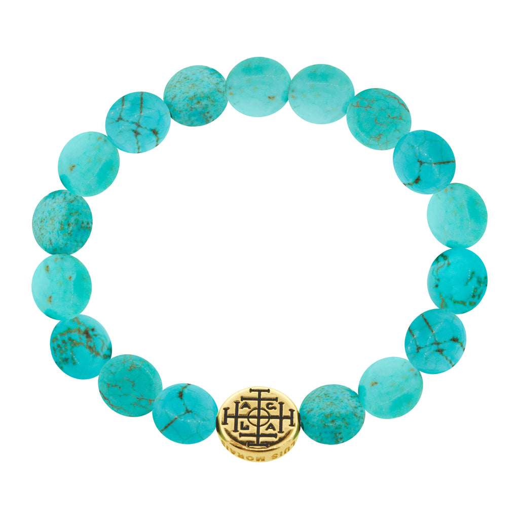 LUIS MORAIS 14K yellow gold large disk with an antiqued money seal on a large Turquoise gemstone disk beaded bracelet. The money seal is said to bring good fortune to the wearer. The symbol is on both sides of the gold.