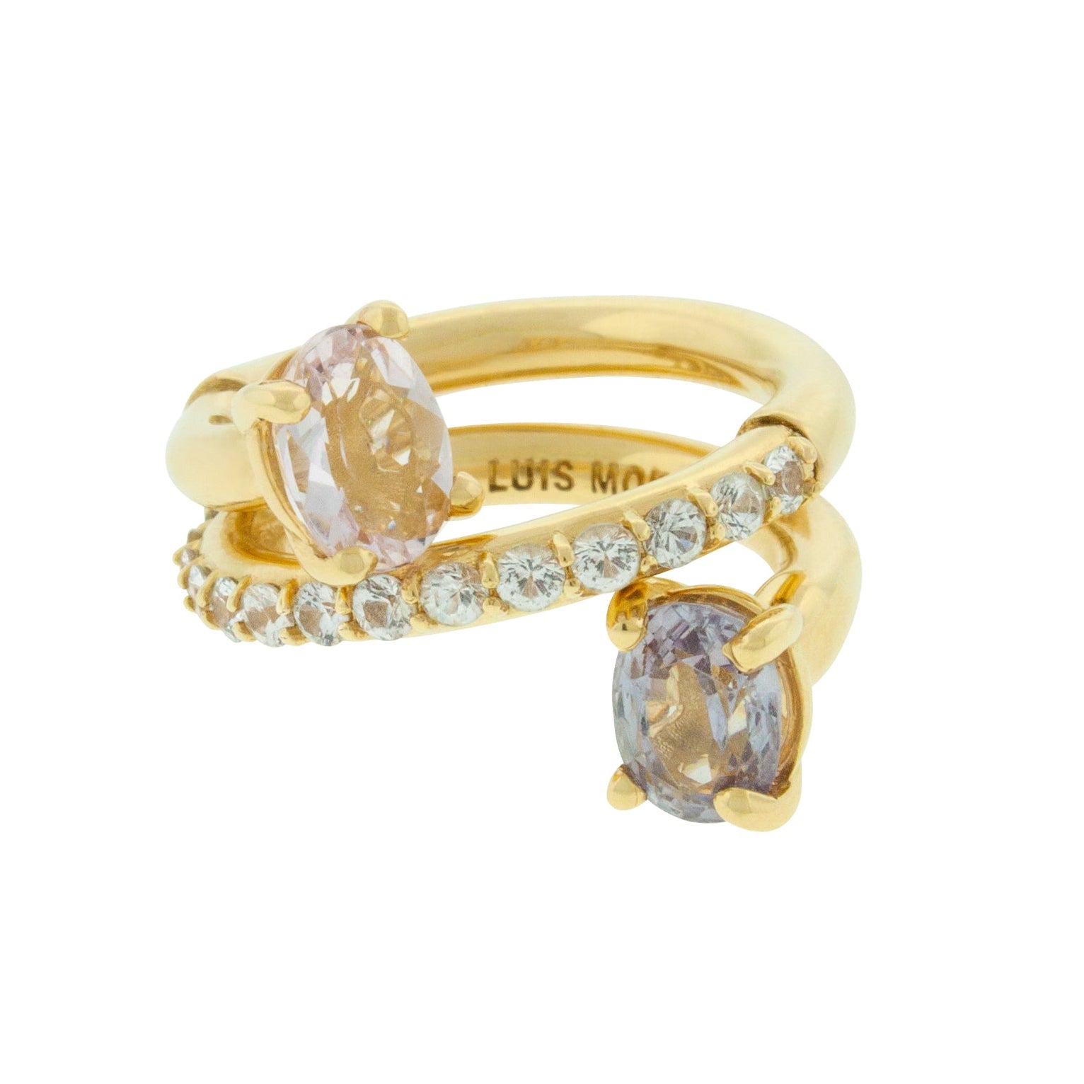 LUIS MORAIS 14K Yellow Gold Romeo and Juliet Ring with one band of sapphires and  spinel and morganite ends