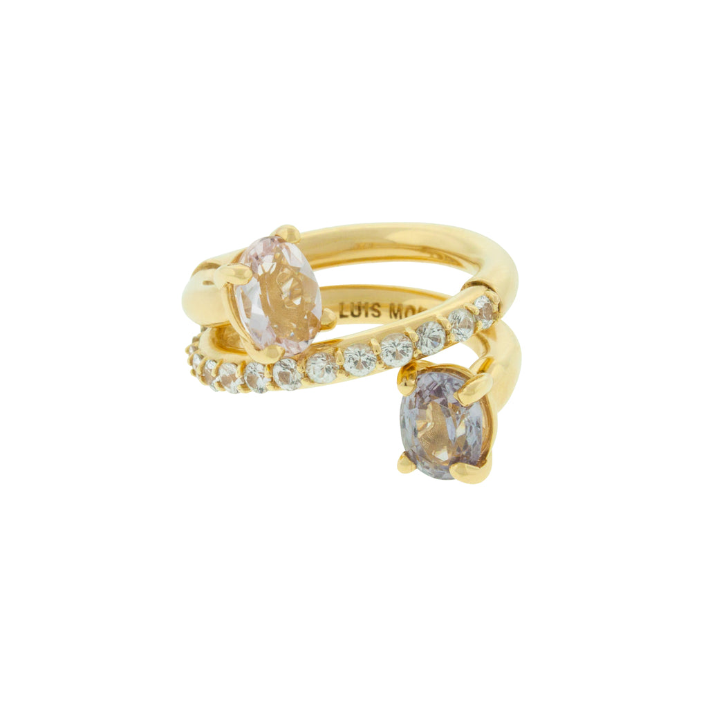 LUIS MORAIS 14K Yellow Gold Romeo and Juliet Ring with one band of sapphires and  spinel and morganite ends