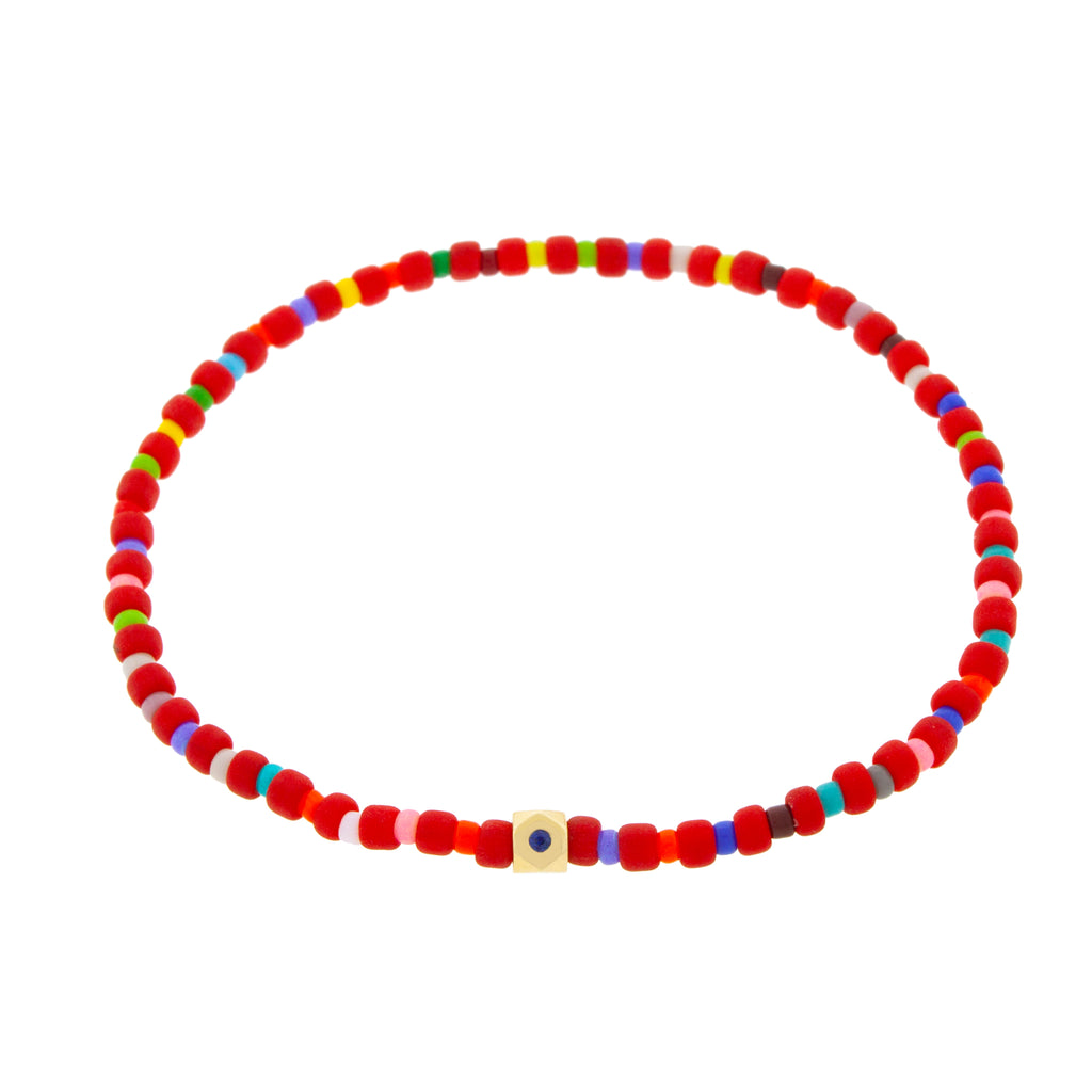 LUIS MORAIS 14K Yellow Gold Flat Tetra with a Blue Sapphire on a Red and Multi Color Glass Beaded Bracelet