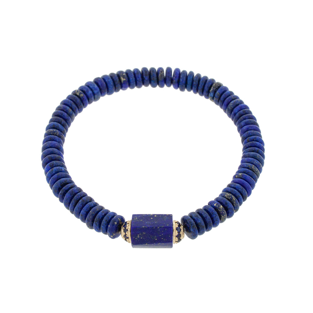LUIS MORAIS 14K yellow gold hexagon lapis bolt bead with two channels of blue sapphires on an Indian agate beaded bracelet