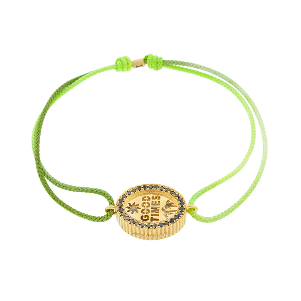 LUIS MORAIS 14K yellow gold 'The Good Times' Palm Medallion surrounded by black diamonds with a labradorite gemstone backing on a green ombre cord bracelet
