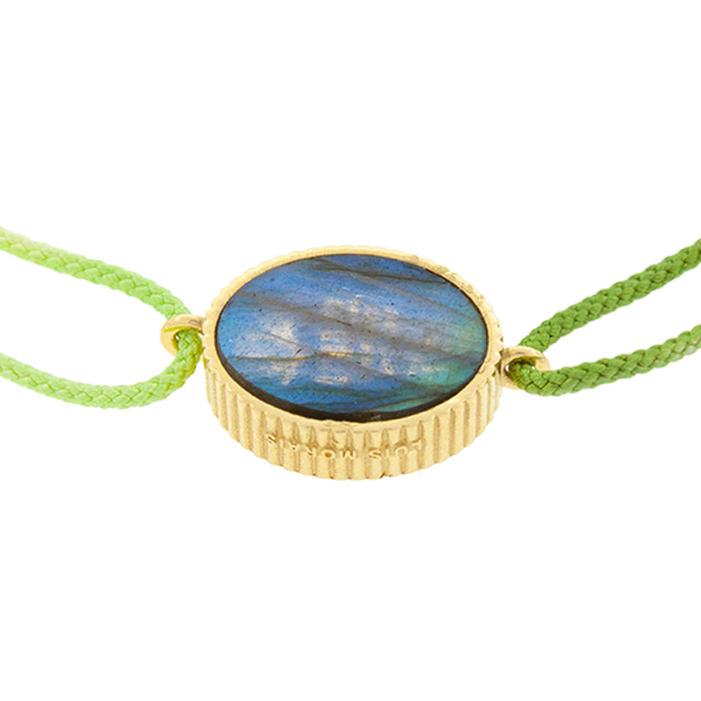LUIS MORAIS 14K yellow gold 'The Good Times' Palm Medallion surrounded by black diamonds with a labradorite gemstone backing on a green ombre cord bracelet back photo