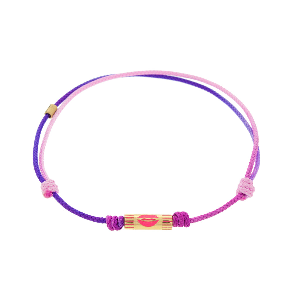 LUIS MORAIS 14K yellow gold slim tube with pink enameled lips on a purple ombre cord bracelet 