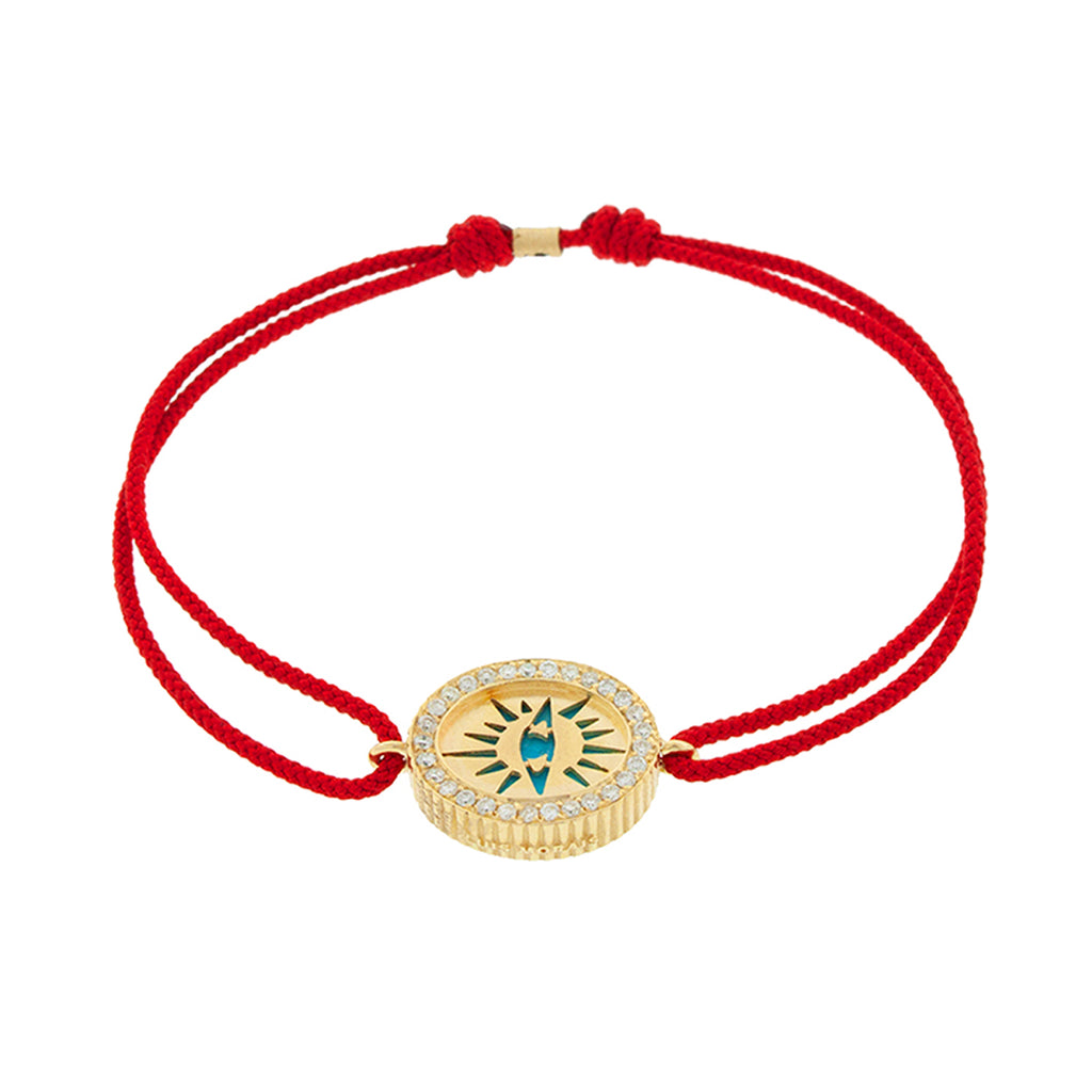 LUIS MORAIS 14K yellow gold 'The Good Times' Eye Medallion surrounded by white diamonds with a turquoise gemstone backing on a red cord bracelet