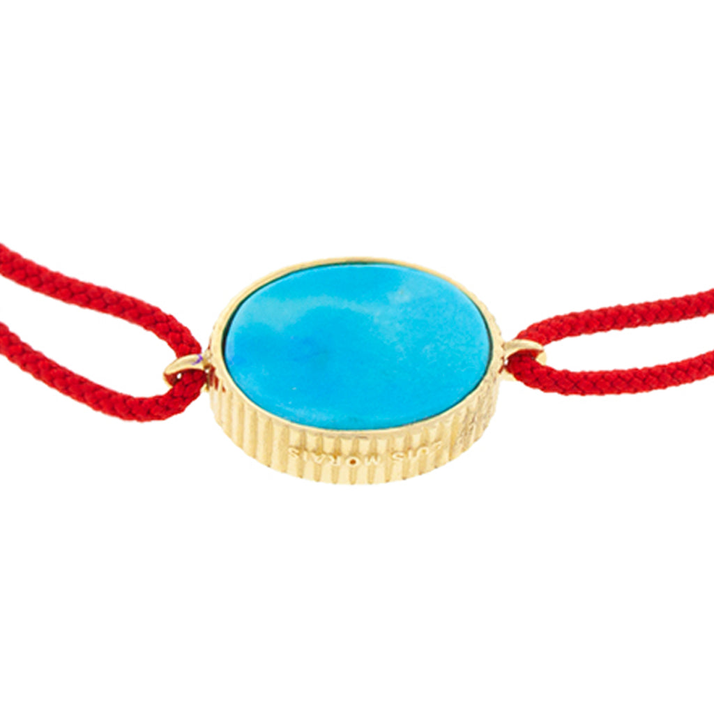 LUIS MORAIS 14K yellow gold 'The Good Times' Eye Medallion surrounded by white diamonds with a turquoise gemstone backing on a red cord bracelet back photo