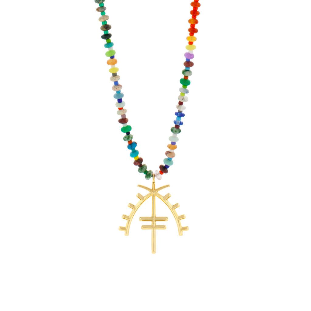 LUIS MORAIS 14K yellow gold Moor protection symbol on a multi gemstone and glass beaded necklace