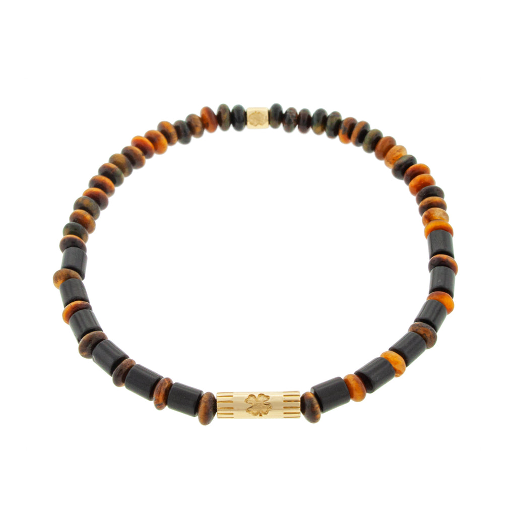 LUIS MORAIS 14K yellow gold slim tube with a clover and a matching short roll with a clover on an onyx and tiger's eye gemstone beaded bracelet