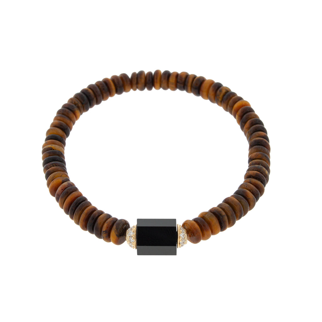 LUIS MORAIS 14K yellow gold hexagon onyx bolt bead with two channels of white diamonds on a tiger's eye beaded bracelet