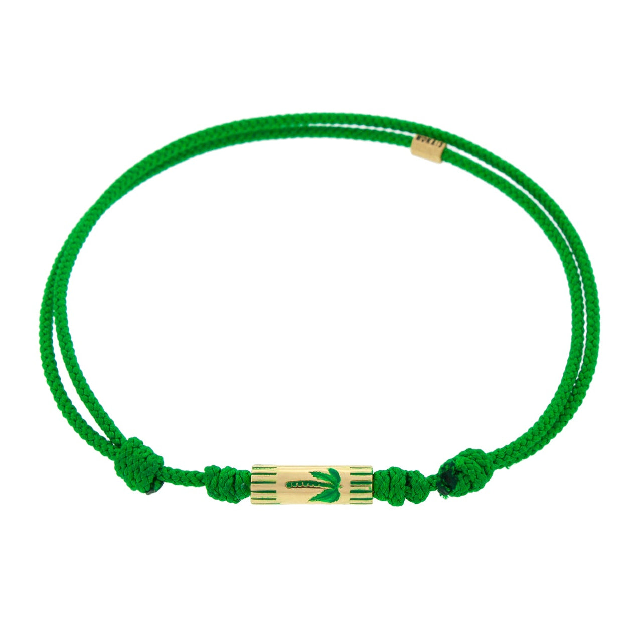 LUIS MORAIS 14K yellow gold slim tube with enameled green palm tree on an evergreen cord bracelet