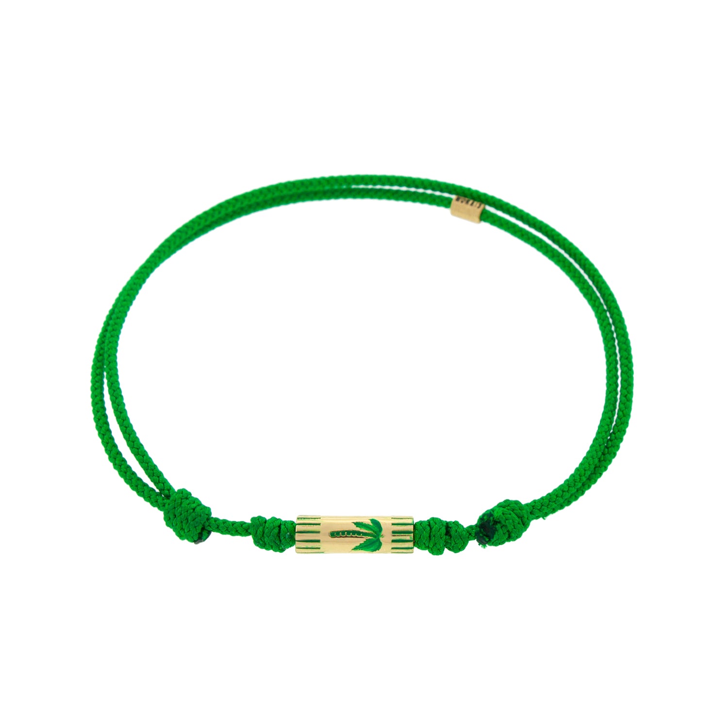 LUIS MORAIS 14K yellow gold slim tube with enameled green palm tree on an evergreen cord bracelet