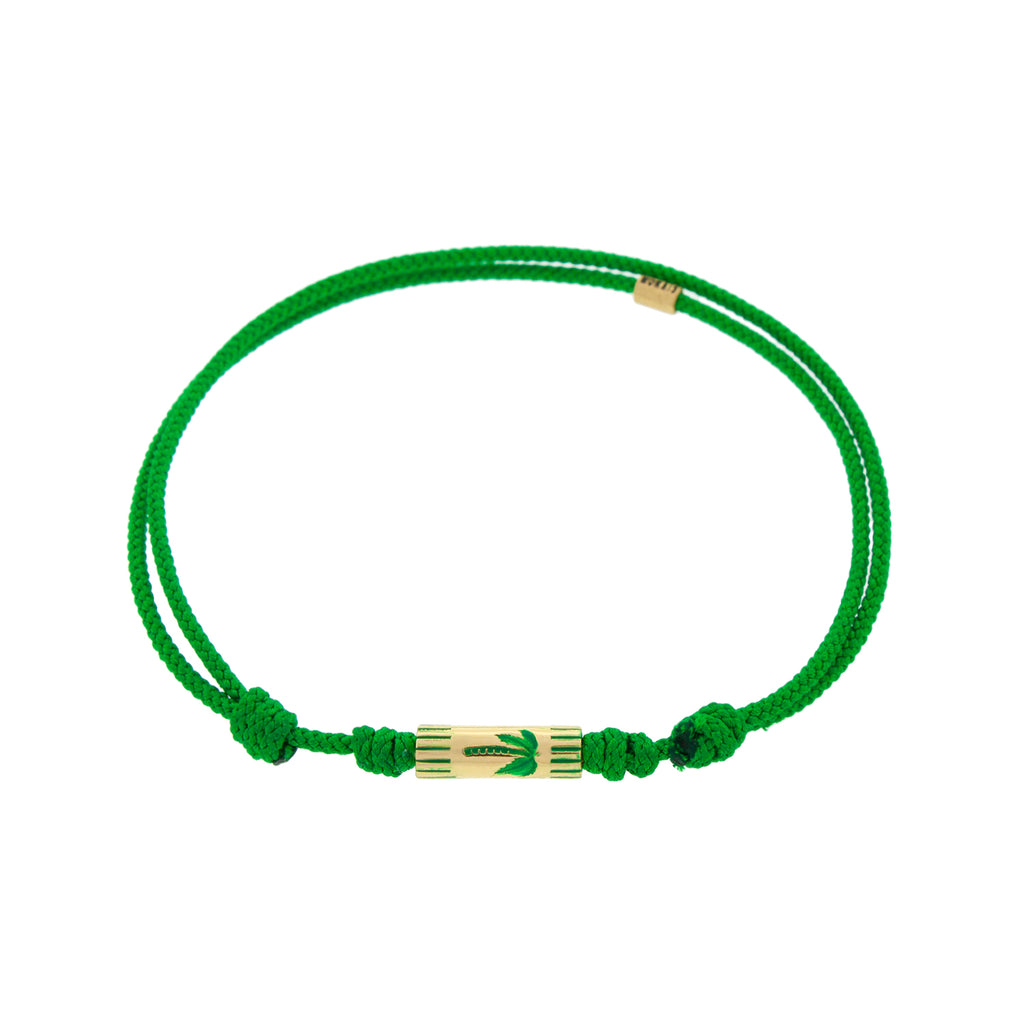LUIS MORAIS 14K yellow gold slim tube with enameled green palm tree on an evergreen cord bracelet 