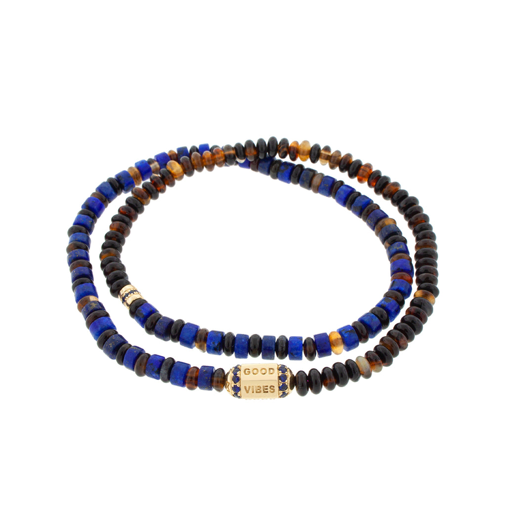 Good Vibes Hexagon Bolt with a Short Roll and Blue Sapphires Double Wrap Bracelet