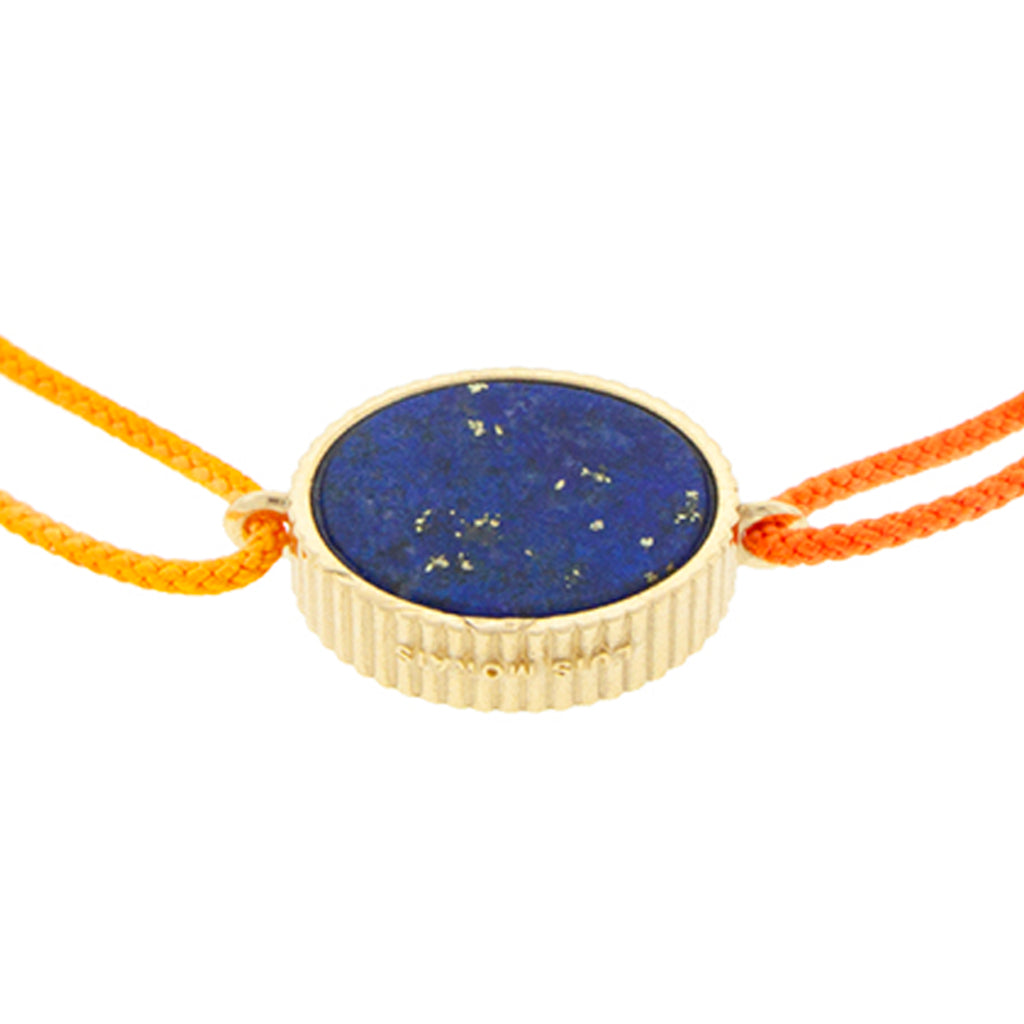 LUIS MORAIS 14K yellow gold 'The Good Times' Skull Medallion surrounded by blue sapphires with a lapis gemstone backing on a yellow ombre cord bracelet BACK PHOTO