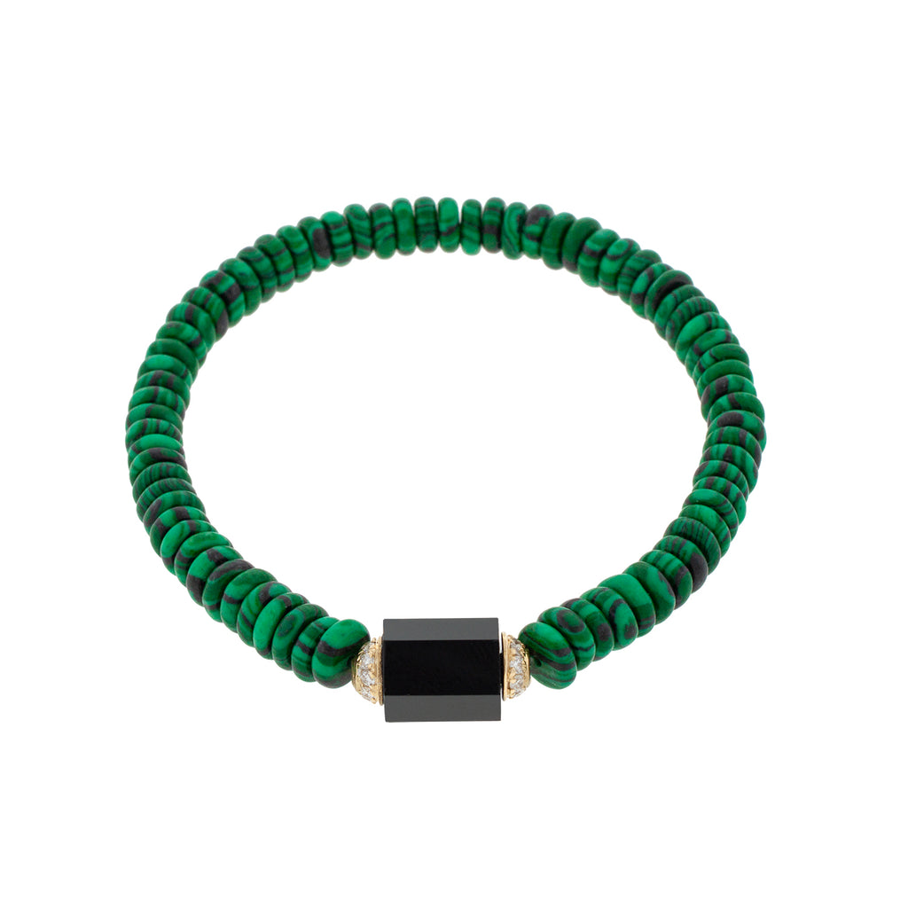 LUIS MORAIS 14K yellow gold hexagon onyx bolt bead with two channels of white diamonds on a malachite beaded bracelet