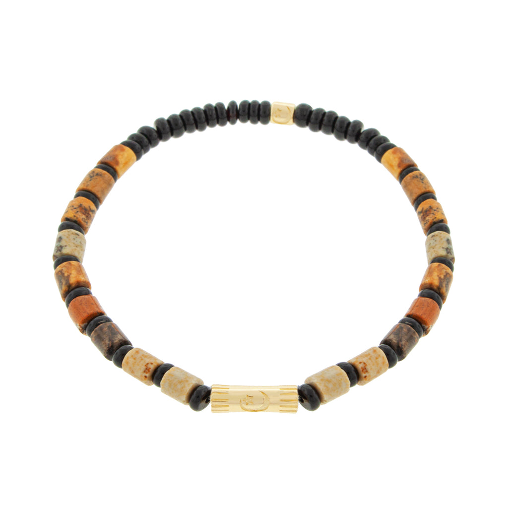 LUIS MORAIS 14K yellow gold slim tube with a moon star and a matching short roll with a moon star on a jasper and onyx gemstone beaded bracelet