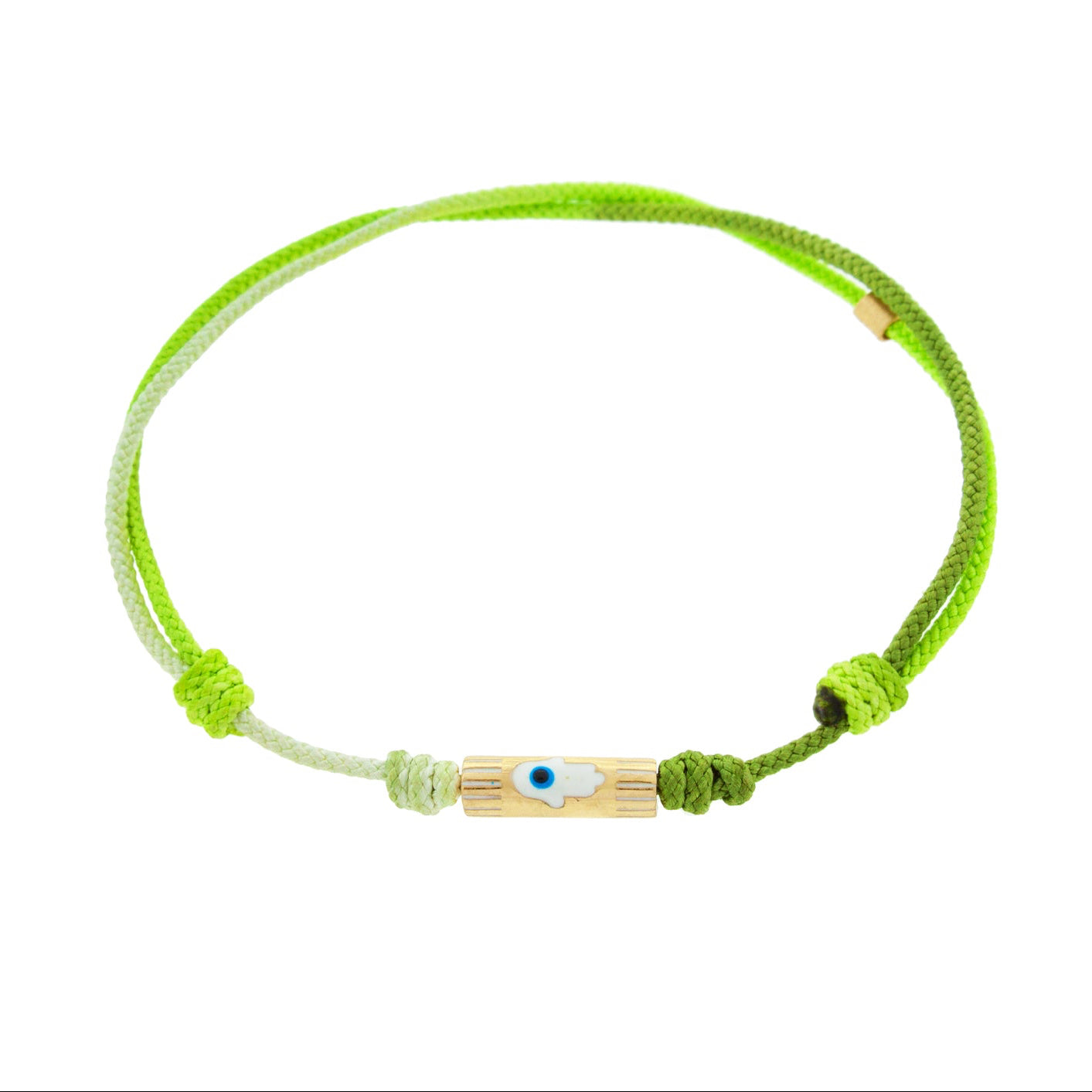 LUIS MORAIS 14K yellow gold slim tube with enameled hamsa on a green ombre cord bracelet