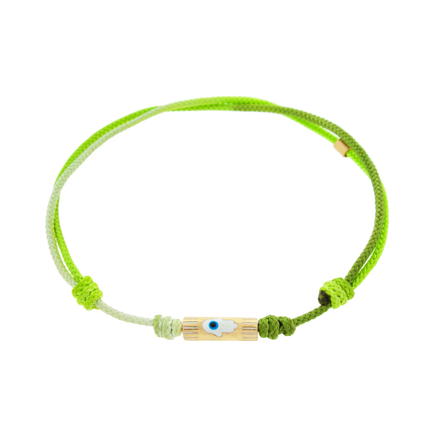 LUIS MORAIS 14K yellow gold slim tube with enameled hamsa on a green ombre cord bracelet