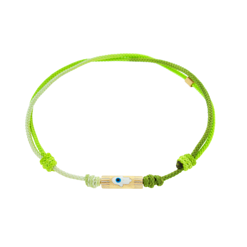 LUIS MORAIS 14K yellow gold slim tube with enameled hamsa on a green ombre cord bracelet 