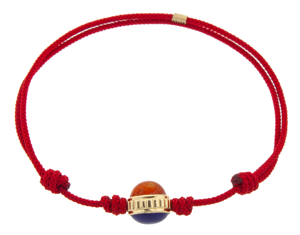 14K Yellow Gold Ribbed Collar with Lapis and Carnelian Cabochons on a Cord Bracelet