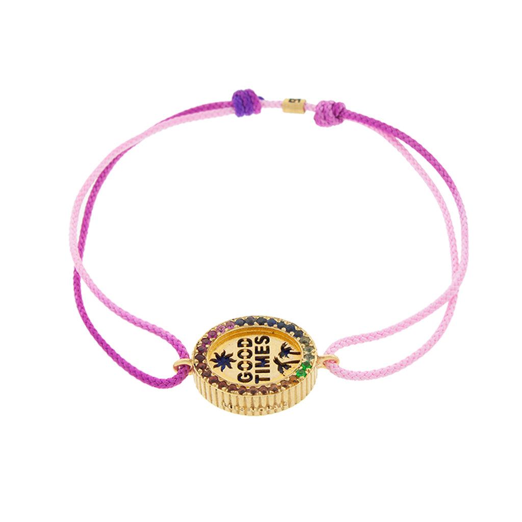 LUIS MORAIS 14K yellow gold 'The Good Times' medallion surround by rainbow sapphires on a lapis gemstone backing on a purple ombre cord bracelet
