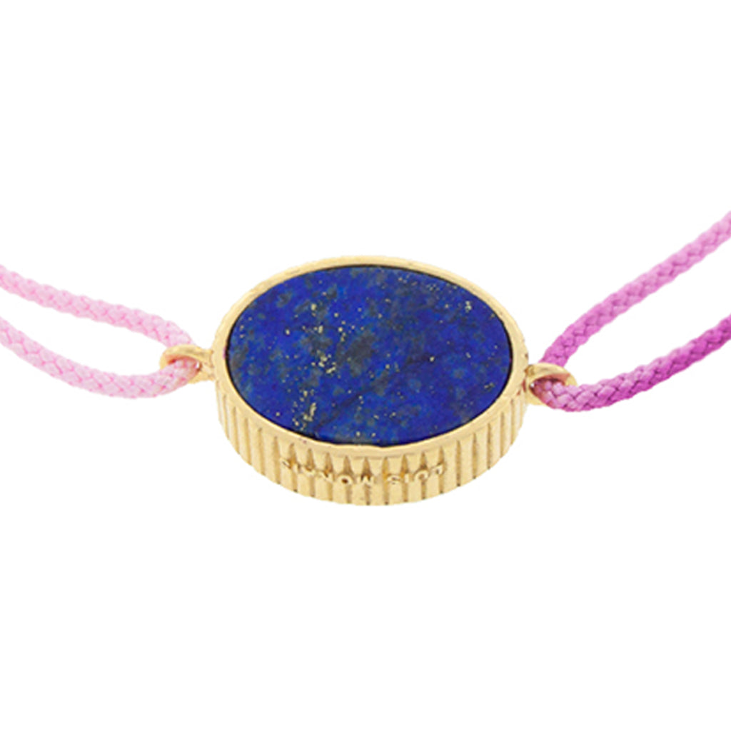 LUIS MORAIS 14K yellow gold 'The Good Times' medallion surround by rainbow sapphires on a lapis gemstone backing on a purple ombre cord bracelet BACK PHOTO
