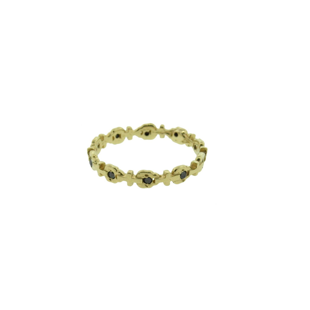 Small Yellow Gold Skull Outline Cross Ring With Black Diamonds