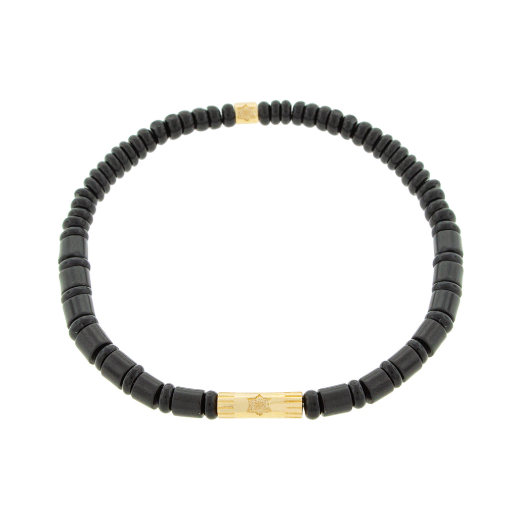 LUIS MORAIS 14K yellow gold slim tube with a Star of David and a matching short roll with a Star of David on an onyx gemstone beaded bracelet