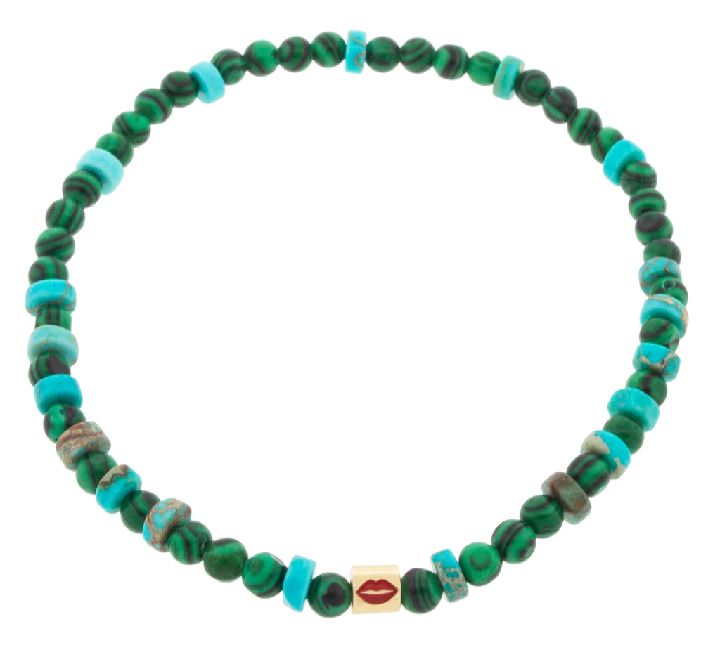 Enameled Lips Short Roll on a Gemstone Beaded Bracelet