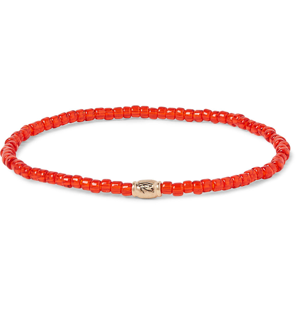 14K yellow gold Horus Eye barrel beaded bracelet.