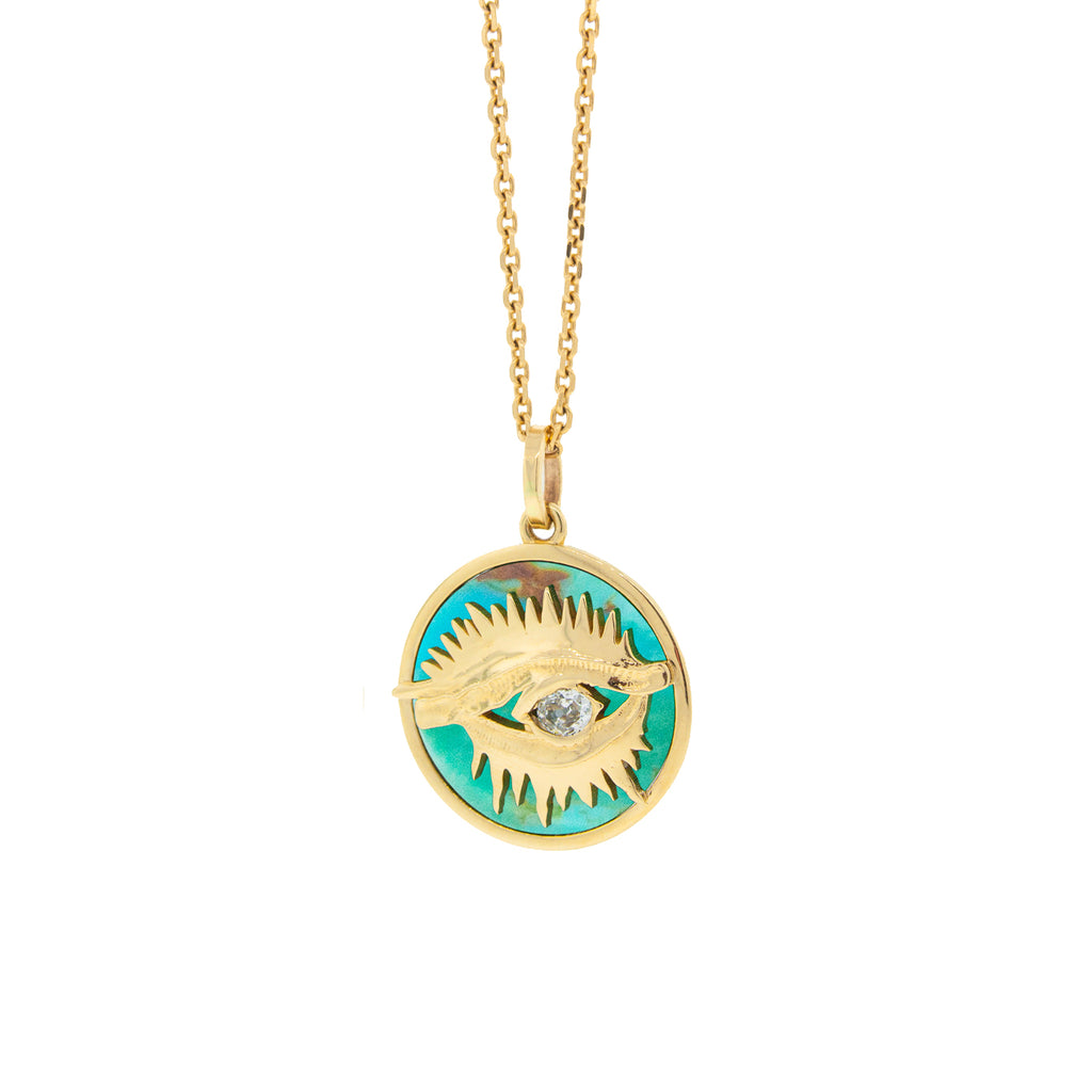 Eye Medallion Pendant with Turquoise and a White Diamond
