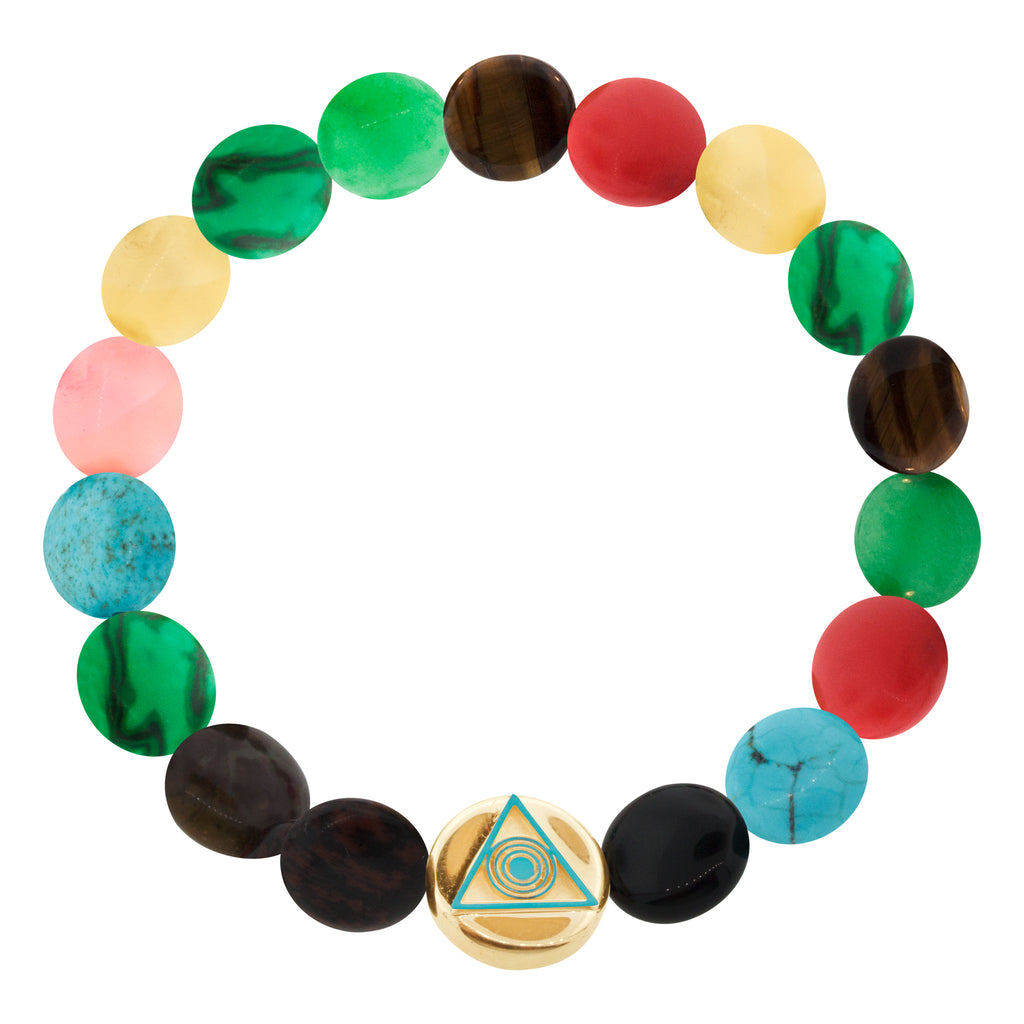 LUIS MORAIS 14K yellow gold large disk with an enameled Light of the Majestic symbol on a large gemstone disks beaded bracelet. The light of the majestic represents the symbol where all life came from. The symbol is on both sides of the gold.