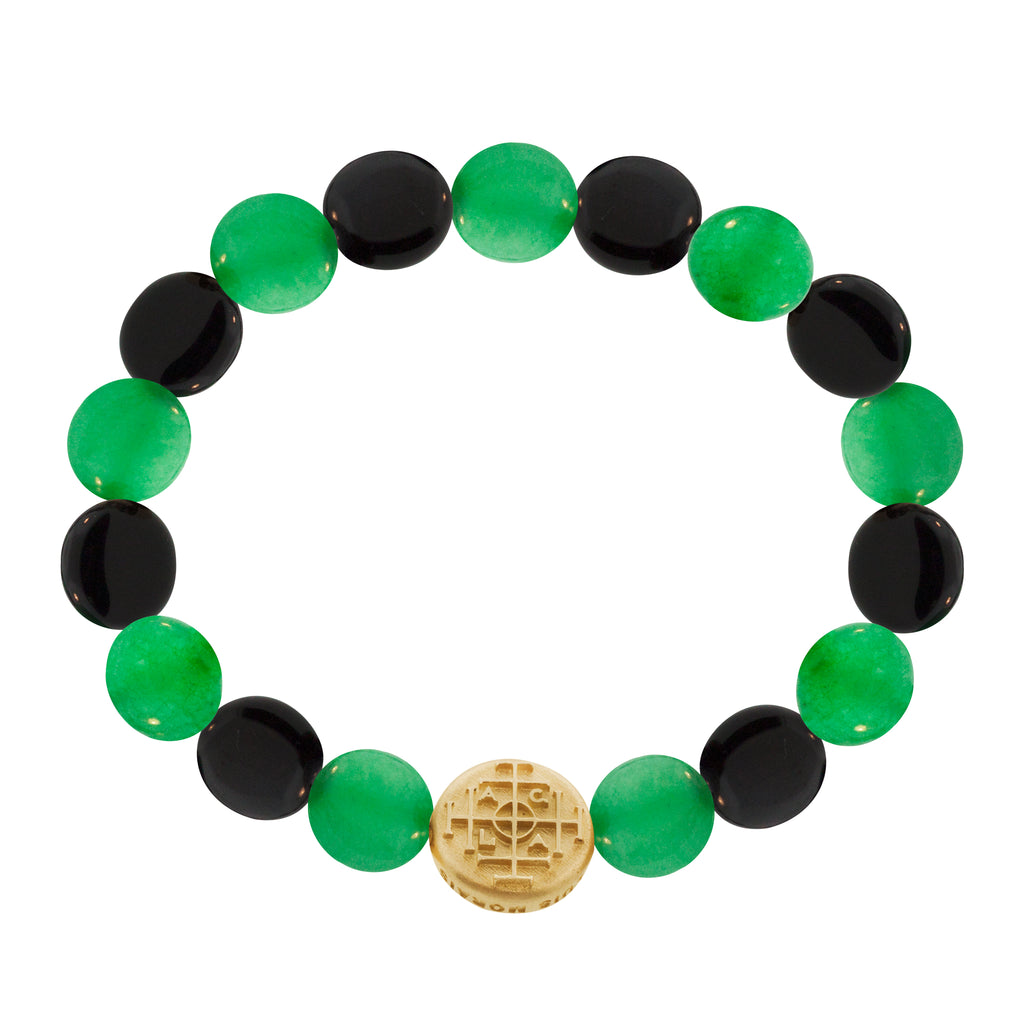 LUIS MORAIS 14K yellow gold large disk with a money seal symbol on a large Onyx and Green Aventurine gemstone disk beaded bracelet. The ancient money seal is meant to bring good fortune to the wearer.