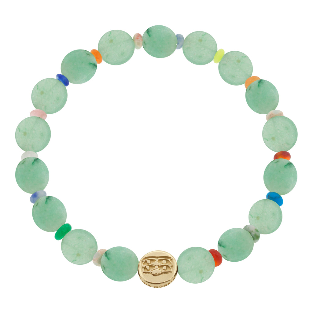 LUIS MORAIS 14K yellow gold small disk with a triple Horus eyes symbol on medium green aventurine disks and multi gemstone roundel beads on a beaded bracelet. The symbol is on both sides of the gold.