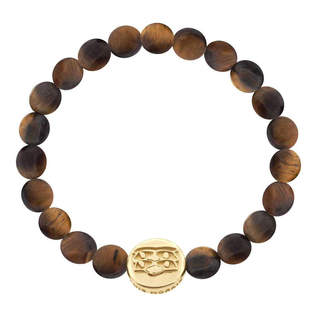 LUIS MORAIS 14K yellow gold large disk with a triple Horus eyes symbol on medium tiger's eye disk beaded bracelet. The symbol is on both sides of the gold.